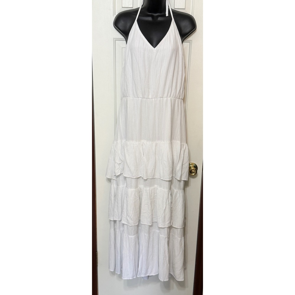 White‎ Shop Maxi Dress XLarge Halter Tiered Ruffle Sleeveless Sparkle